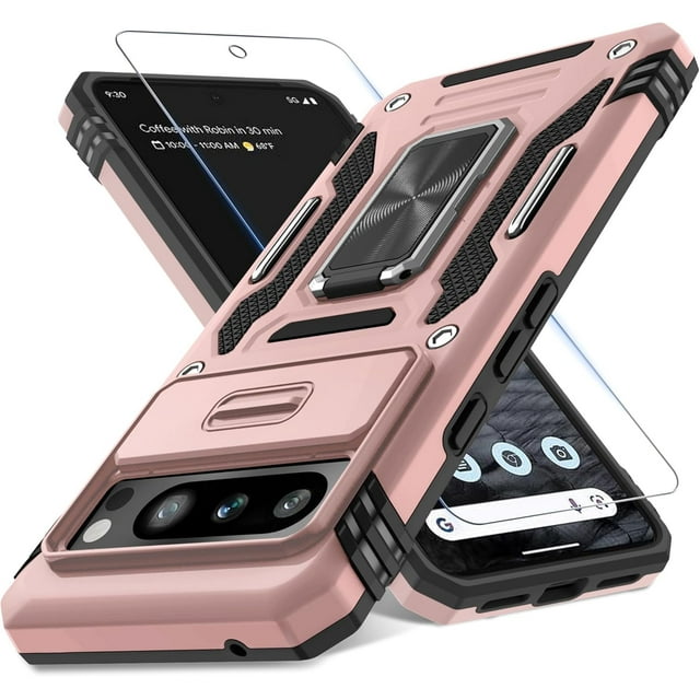 KOMI Case for Google Pixel 9 Pro XL with Slide Camera Cover+Screen Protector (1 Pack), Rotated Ring Kickstand Military Grade Shockproof Heavy Duty Protective Cover Rose Gold