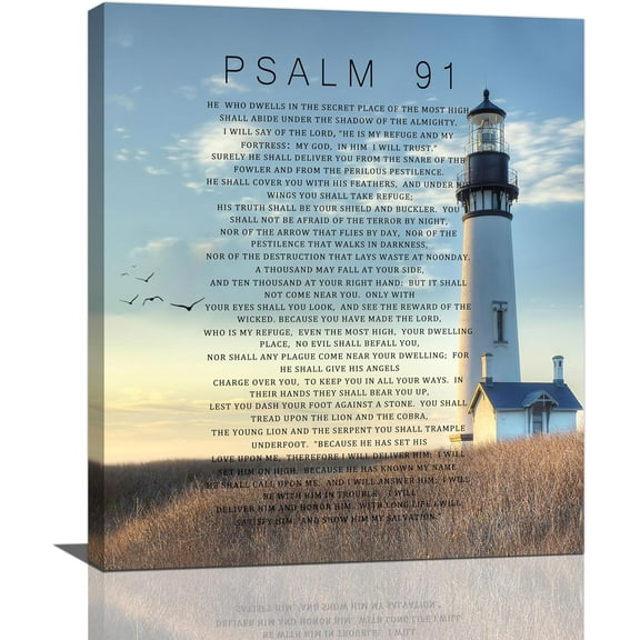 Aaheei Psalm 91 Wall Art Bible Verse Pictures Wall Decor Christian Scriptures Psalms Canvas Prints Painting Religious Lighthouse Artwork For Bedroom Living Room Bathroom Church