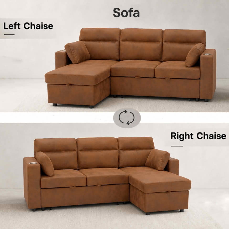 MAYEERTY 82.5 Inch L‑Shaped Pull‑Out Sectional Sofa Bed, Convertible Sleeper Couch with Storage Chaise, Cup Holders & 2 Pillows for Apartments