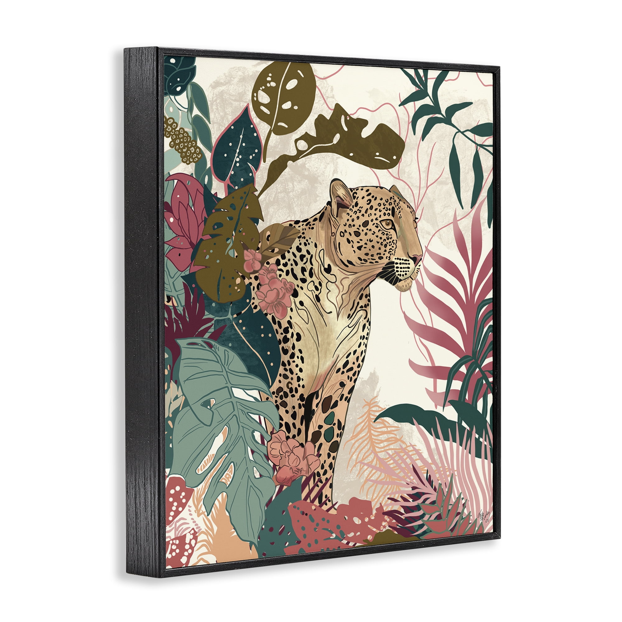 Stupell Industries Cheetah Tropical Leaf Pattern Animals & Insects Painting Black Framed Art Print Wall Art, 24 x 30