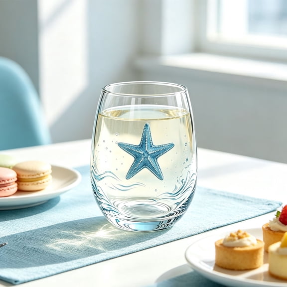 Japceit Ocean Themed Stemless Wine Glass, Watercolor Blue Print Clear Tumbler, Nautical Beach Style Cup, For Wine Water Juice, Coastal Home Bar Drinkware Gift