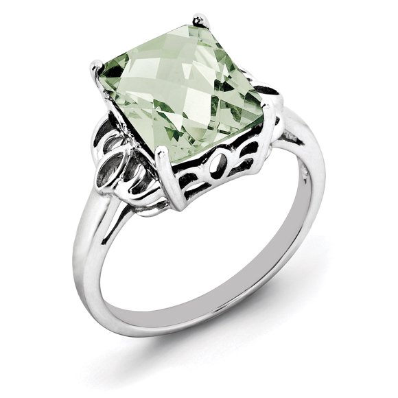Sterling Silver Rhodium Octagonal Checker-Cut Green Quartz Ring Size 7