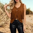 thumbnail image 3 of Atkumj Western Vest Women Vintage Suede V Neck Fringe Hem Button Up Vests Fashion Casual Solid Color Cropped Women Vest Top for Everyday Western Look S, 3 of 6