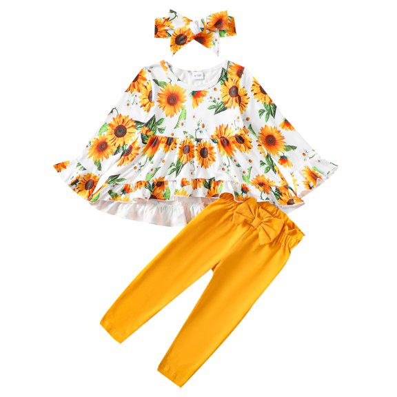KIMI BEAR Infant Baby Girls Winter Outfits 18-24 Months Warm Clothing Sets Long Sleeves Pullover Top Floral T-shirt Top Bowknot Solid Color Pants with Headband 3pcs Pant Sets Yellow