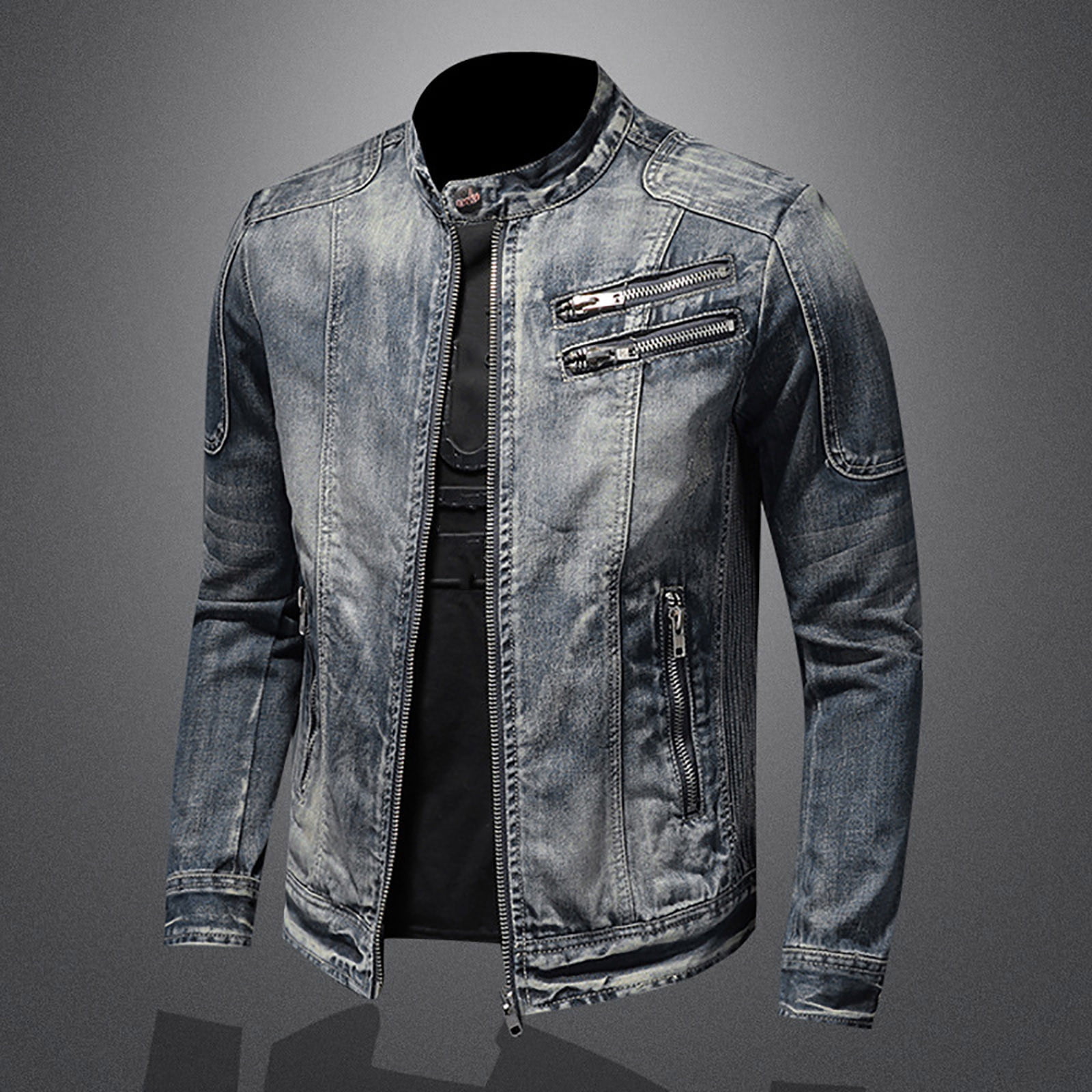 Dolkfu Distressed Mens Jackets Faux Leather Gray Trucker Jacket Slim Fit Motocycle Bike Jacket Men's Coats Winter L