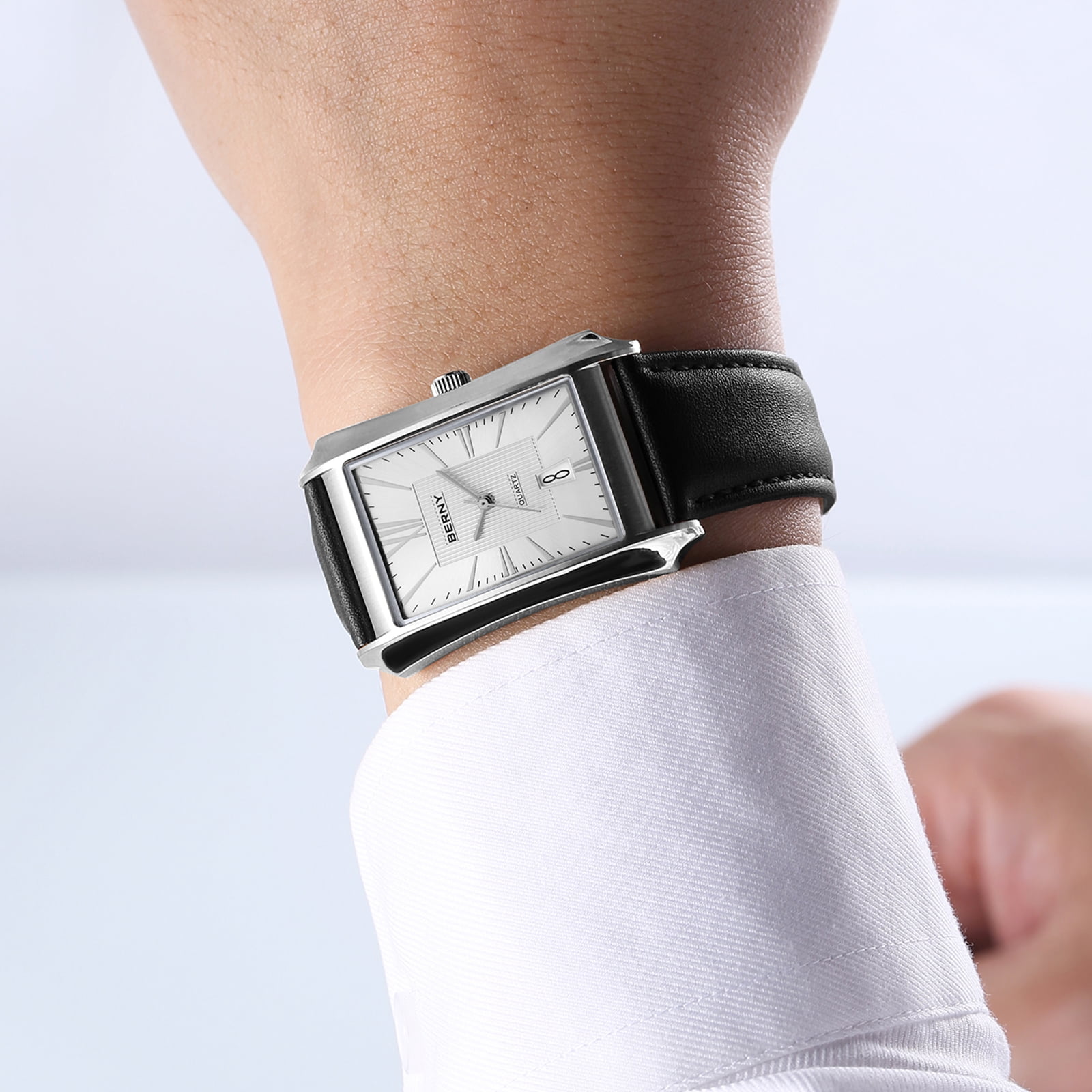 BERNY Men's Leather Watch, Vintage Stainless Steel Rectangular Case Roman Dial Dress Analog Watch with Date Calendar, Waterproof, Classic Business Quartz Wrist Watches for Men (White)