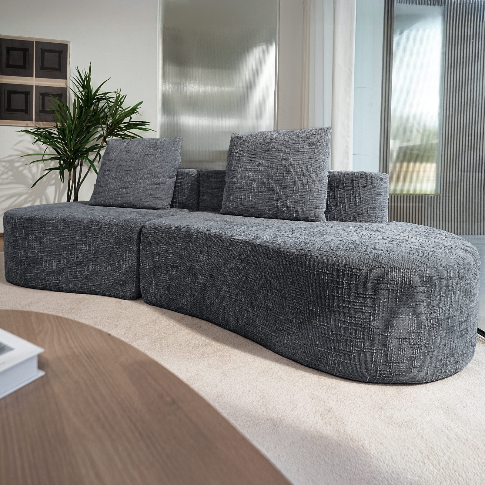 Patbrela 98" Modern Art Sofa Oversized Curved Couch, 38 Inch Extra Deep Seating Upholstered Sofa for Living Room, Office & Apartment, Linen Upholstery, No Assembly, Dark Gray