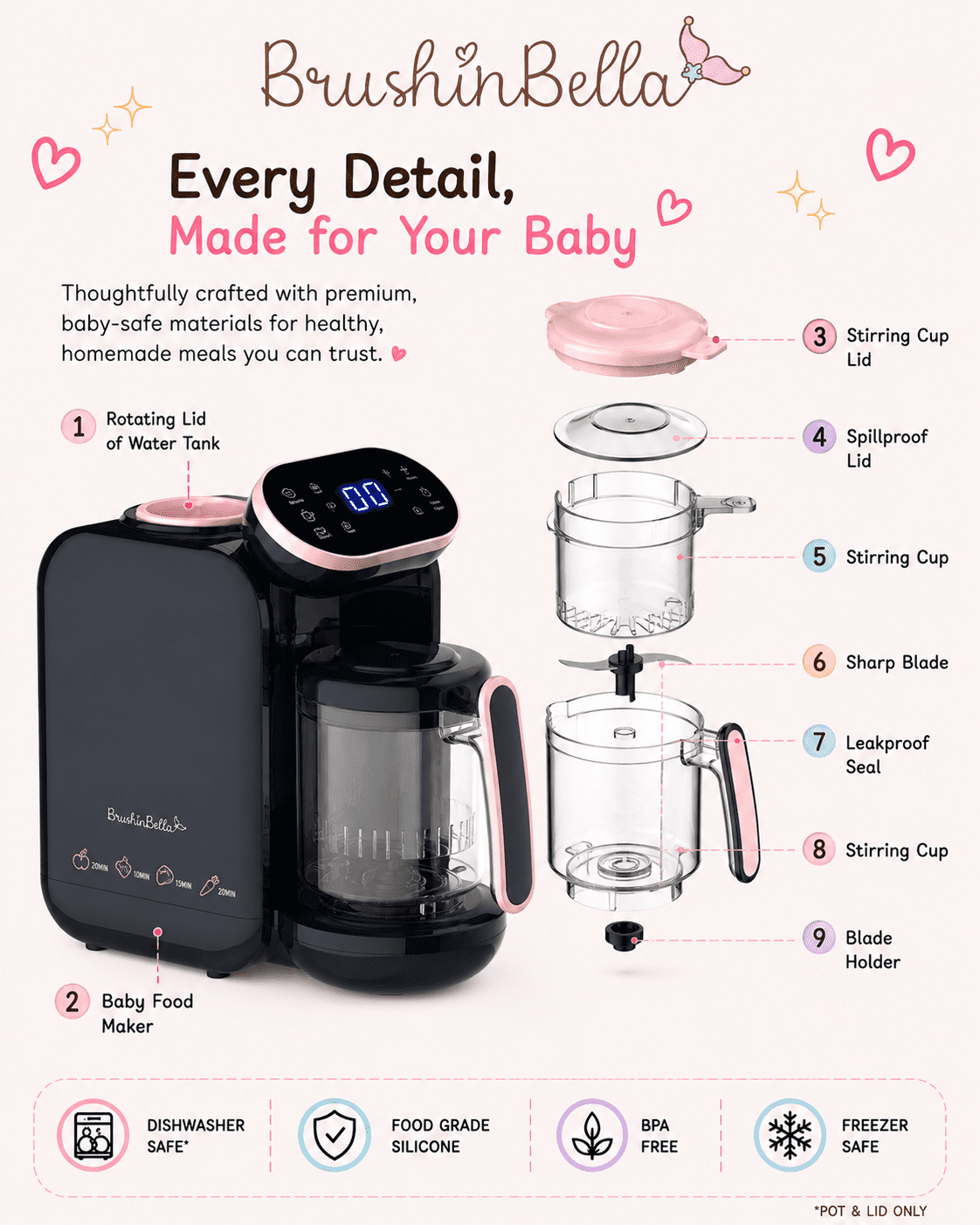 BrushinBella Baby Food Maker - Baby Food Processor with Soup Tray - 5-in-1 Baby Food Blender, Grinder Steamer, Baby Puree Maker Machine, Bottle Warmer - Touch Screen, Auto and Manual Blend