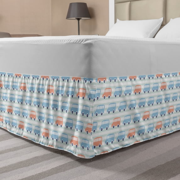Cartoon Bed Skirt, Horizontal Buses Facing Left Nursery Themed, Elastic Bedskirt Dust Ruffle Wrap Around for Bedding Decor, 4 Sizes, Cadet Blue Peach, by Ambesonne