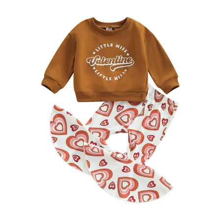 

Frobukio Valentine s Day Toddler Baby Girls Clothes Sets Long Sleeve Letters Print Sweatshirt Heart Print Flare Pants Brown 0-6 Months