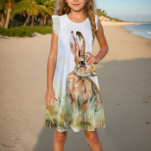 Toddler Girl Clothes under $5 Summer Easter Eggs Bunny Ruffle Sleeve Sundress Toddler Girls Dress Summer Dresses 4-14T