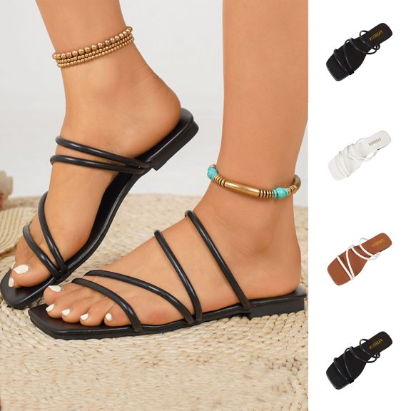 YTCAMLO Fashion Women's Sandals Summer Vacation Dressy Square Open Toe Strappy Sandals Slip On Comfy Weeding Flat Sandals
