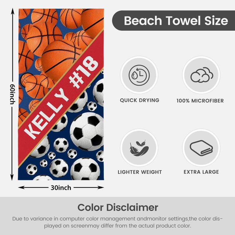 Personalized Beach Towel – 53x28 Inch Custom Text Name Initial Design, Microfiber Cotton, Lightweight & Super Soft