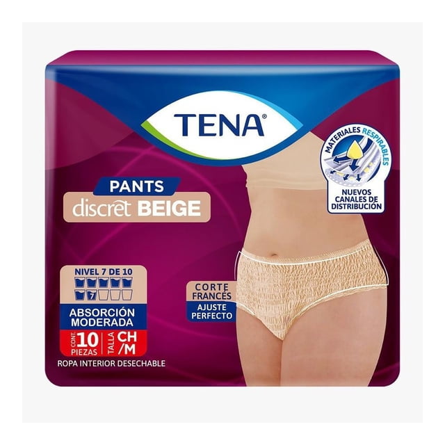 ropa interior desechable tena pants discret beige talla chica/mediana 10 pzas empaque frontal con logo TENA, torso femenino mostrando panties beige de corte francés, indicador de absorción moderada y talla CH/M visibles; fondo morado y azul estilo farmacia.