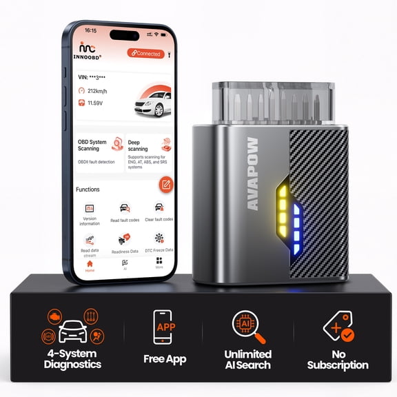 AVAPOW Bluetooth OBD2 Scanner, 4-System Diagnostic Code Reader with AI Search, Live Data & PDF Reports for 1996 Gas Vehicles