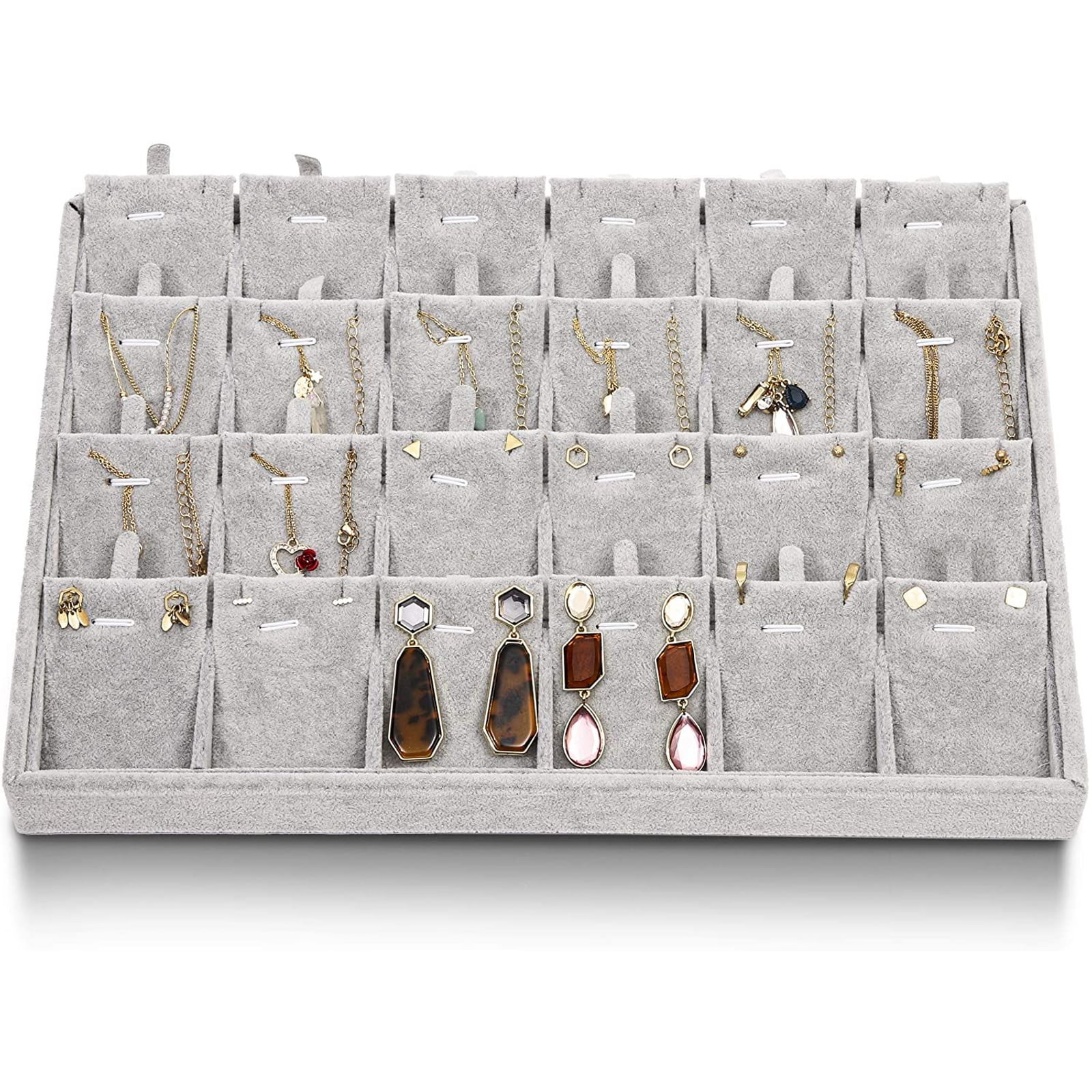 Bracelet & Necklace Display Cufflink Case Felt Earring Box Gray Stackable Accessories Storage Houseables Jewelry Tray Organizer 4 Pieces Velvet Ring Holder 13.8 W x 9.5 D Drawer Insert