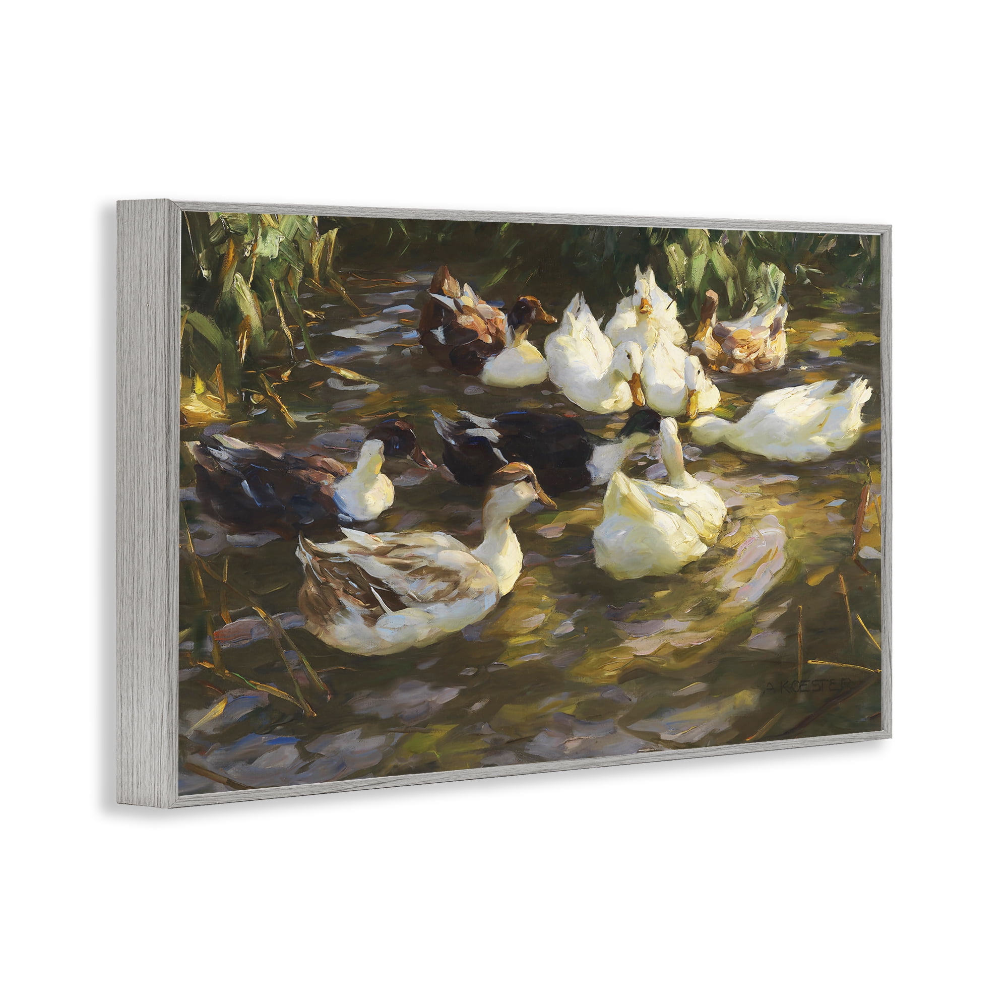 Stupell Industries Ducks in Flowing River Landscape Painting Gray Framed Art Print Wall Art, 24 x 16