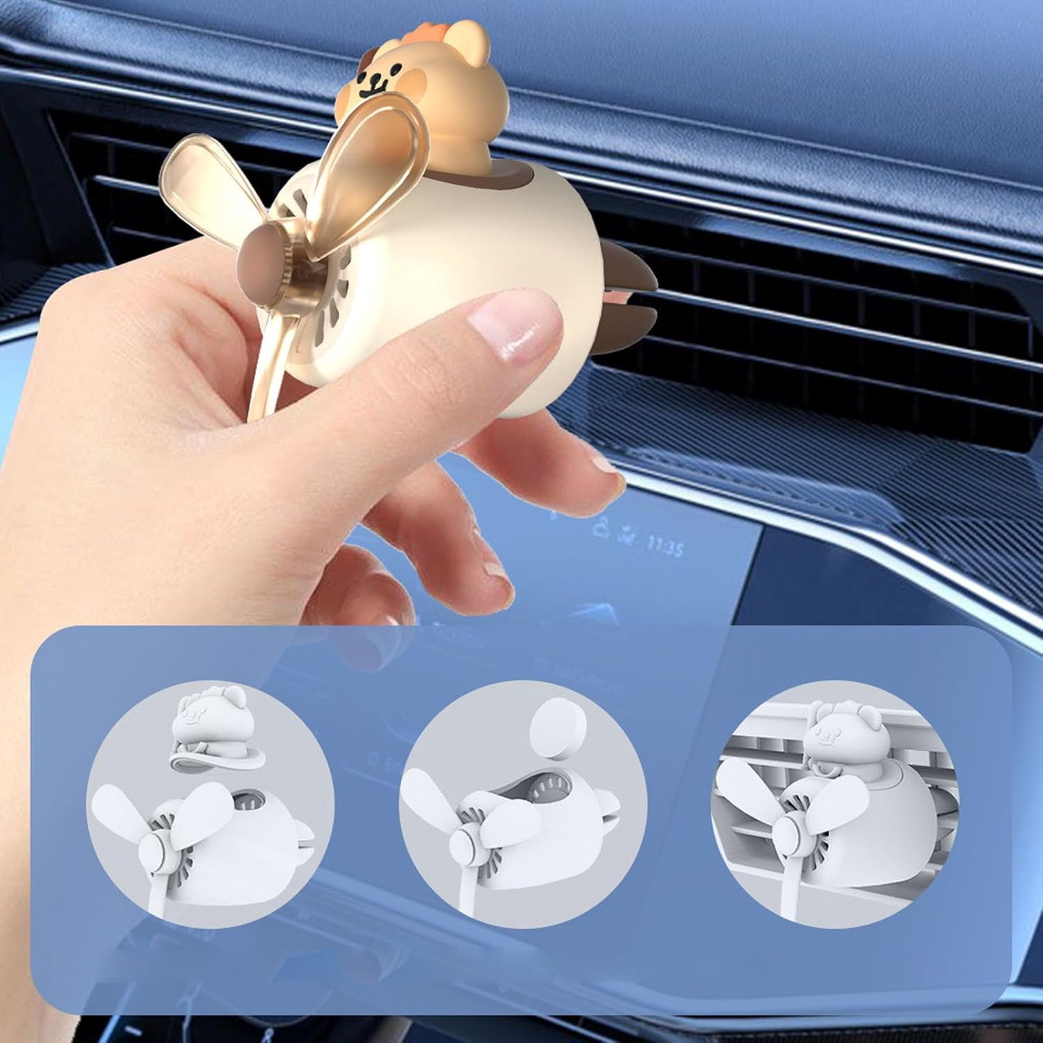 Cute Bear Duck Pilot Car Air Fresheners, Bear Duck Air Vent Clips, Cartoon Pilot Rotating Car Diffuser Decorations, Auto Air Conditioner Outlet Clips with 2 Packs Replacement Tablets