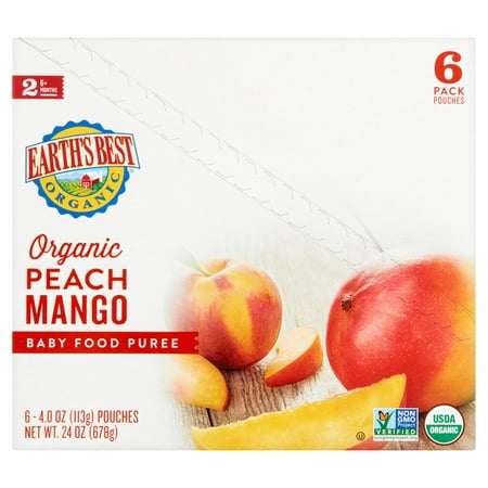Earth's Best Organic Peach Mango Baby Food Puree Stage 2 6+ Months, 4.0 oz, 6