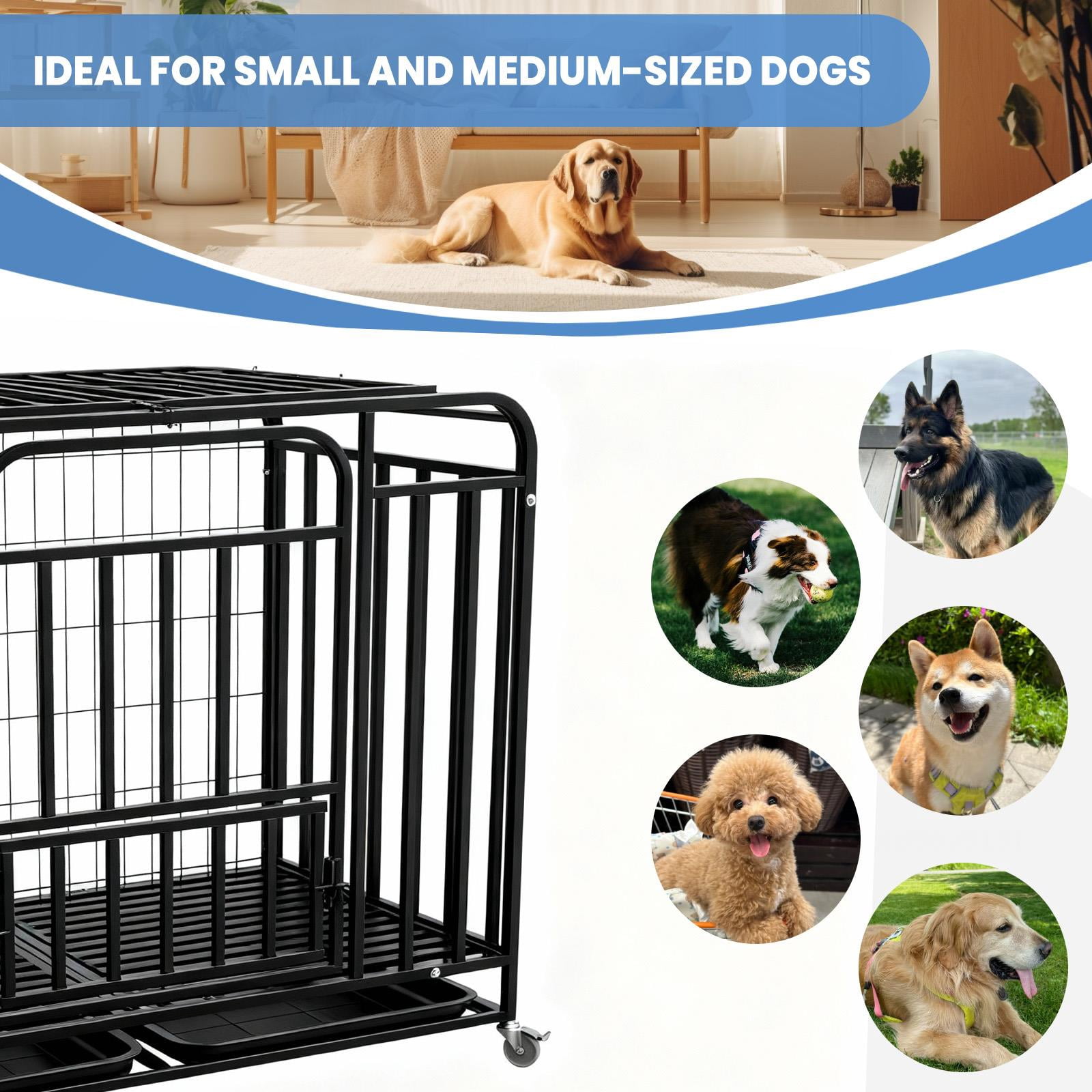 Black 42inch Indestructible Dog Cage, Double Door Dog Crate with Lockable Wheels, Easy Clean Removable Tray Dog Kennel for indoor apartment pet daily care and confinement