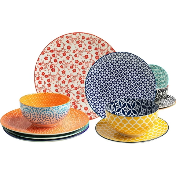 12 Pieces Ceramic Dinnerware Sets, Porcelain Round Dinner Set for 4, Microwave and Dishwasher Safe Plates and Bowls Dishes Sets, Kitchen Dinner Dinning Ware Set, Assorted Colors