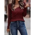 thumbnail image 2 of Suéter ajustado con cuello bajo, suéter de manga larga de color sólido para mujer, suéter para la vida diaria, rojo vino S, 2 of 6