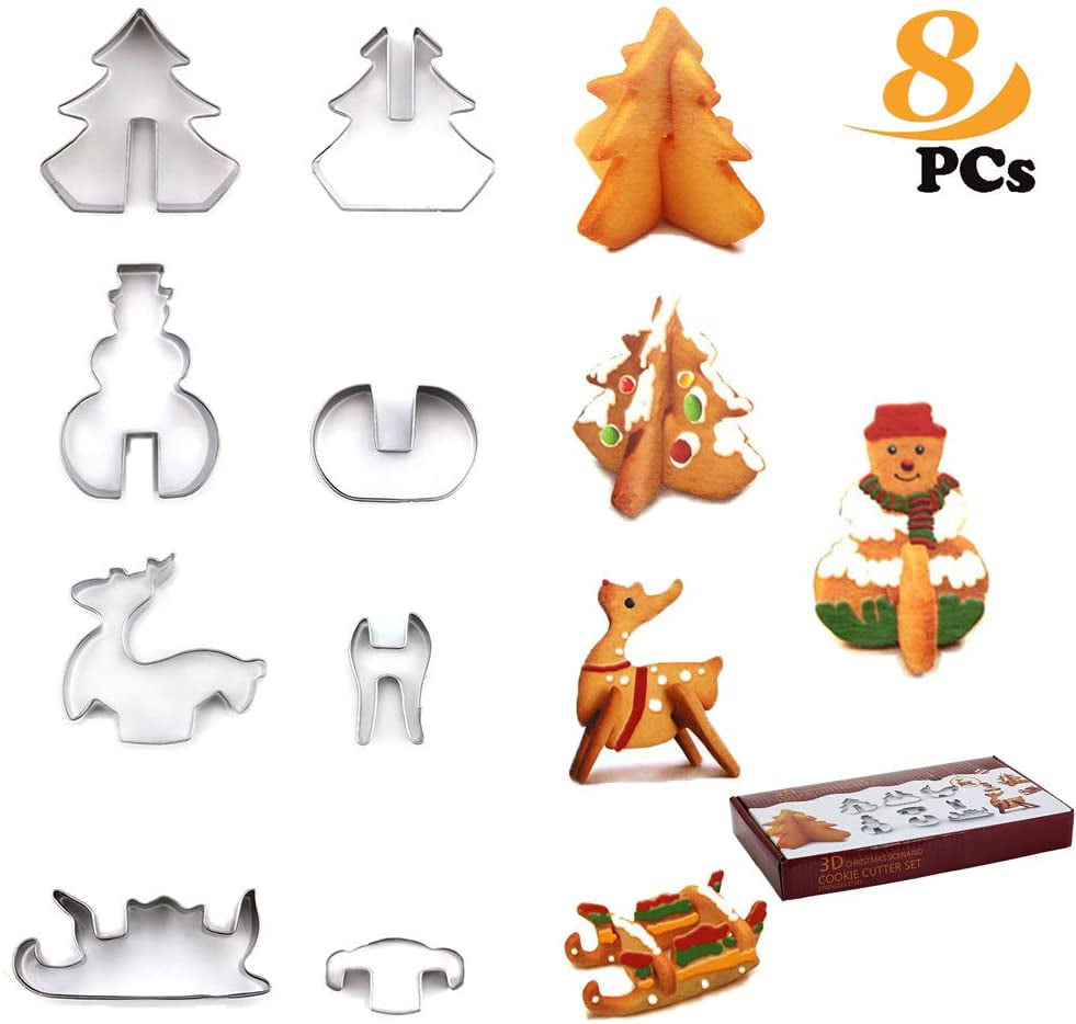 8 Piece Stainless Steel Cookie Cutters 3D Christmas Cookie Cutters Set 