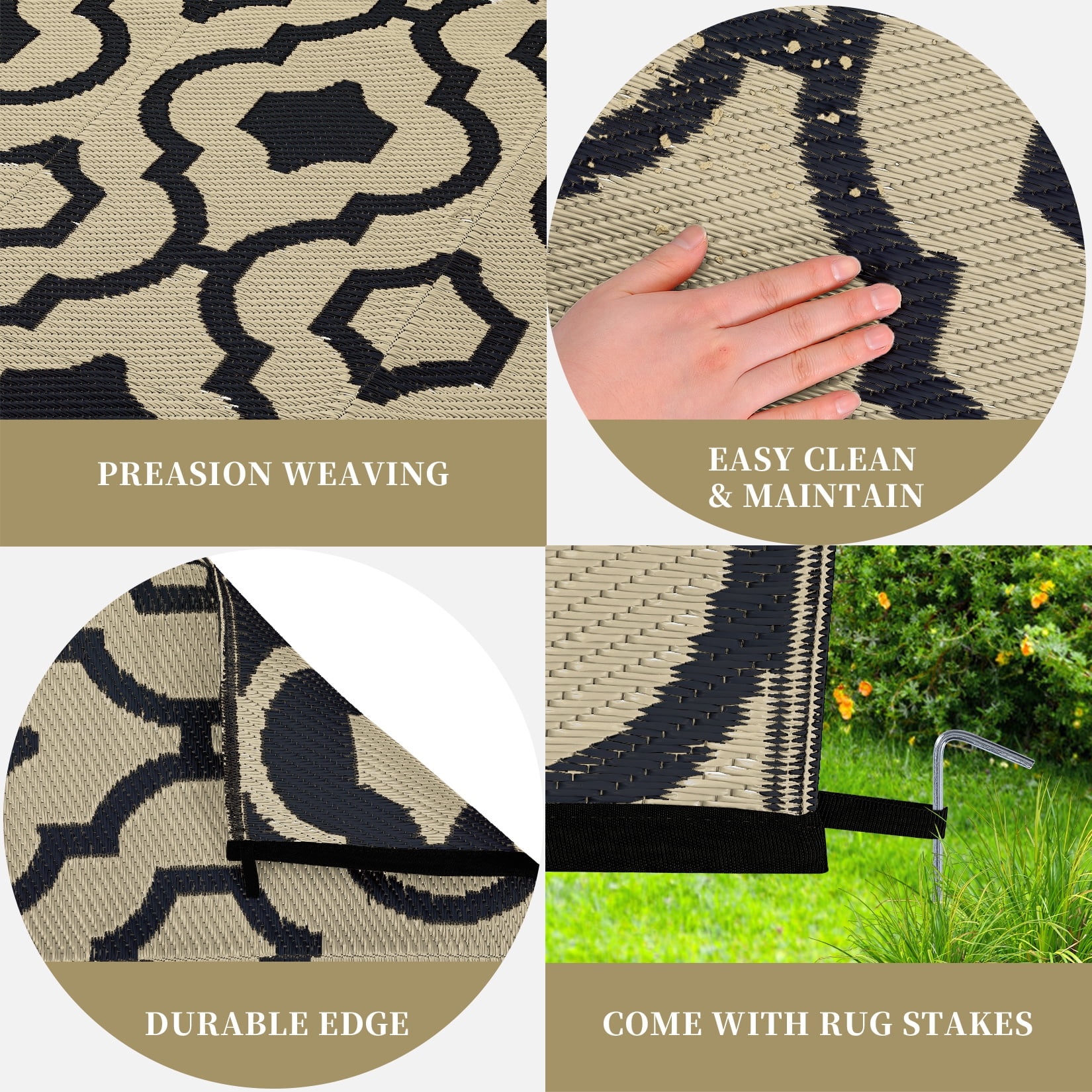 GlowSol 9'x12' Outdoor Rug Moroccan Style Plastic Straw Rug Waterproof Reversible Mat Outdoor Foldable Rug for Camping Patio Picnic, Black Coffee