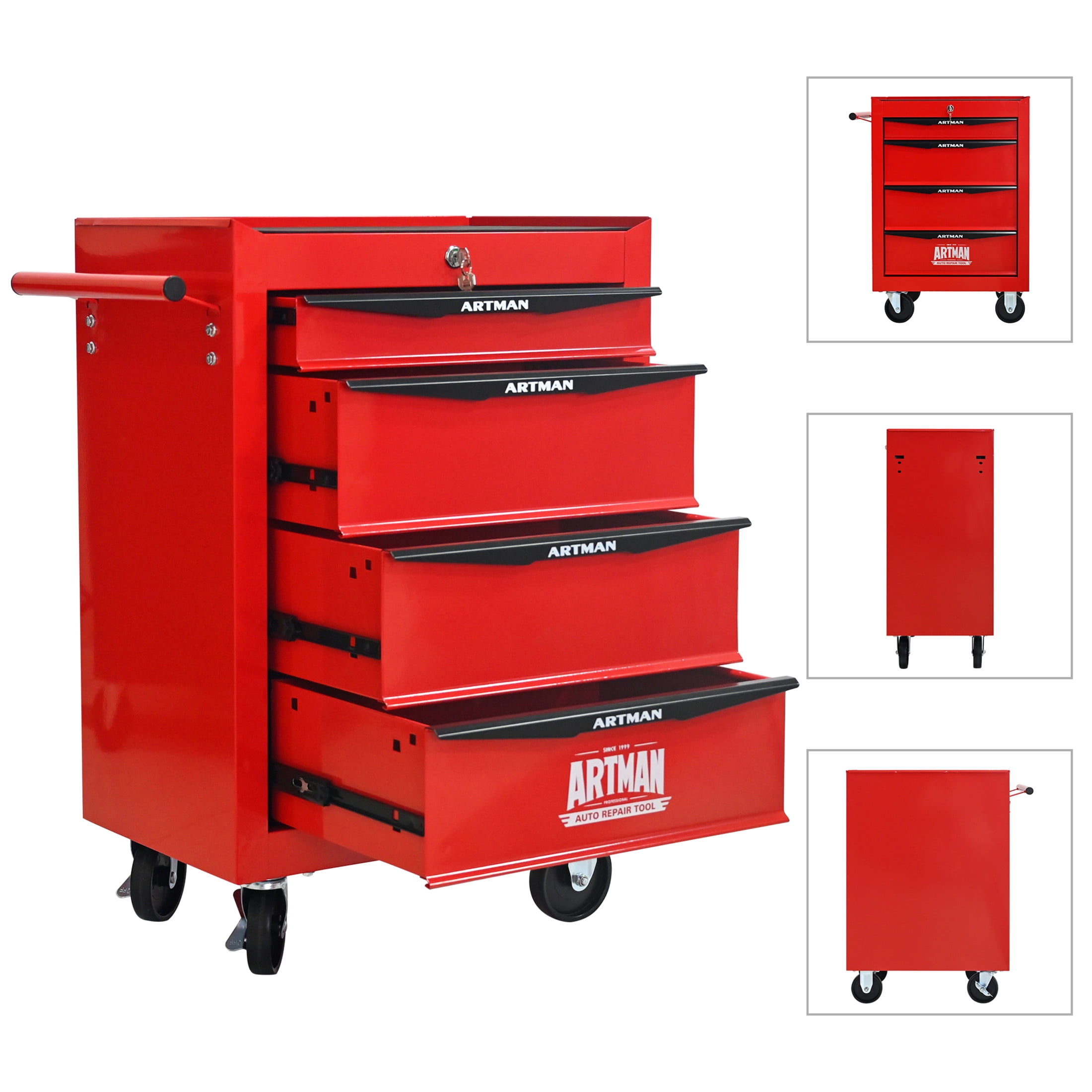 Noble House 4-Drawer Mobile Steel Tool Organizer with Key Lock, Ball Bearing Slide Storage Cabinet Box, Red