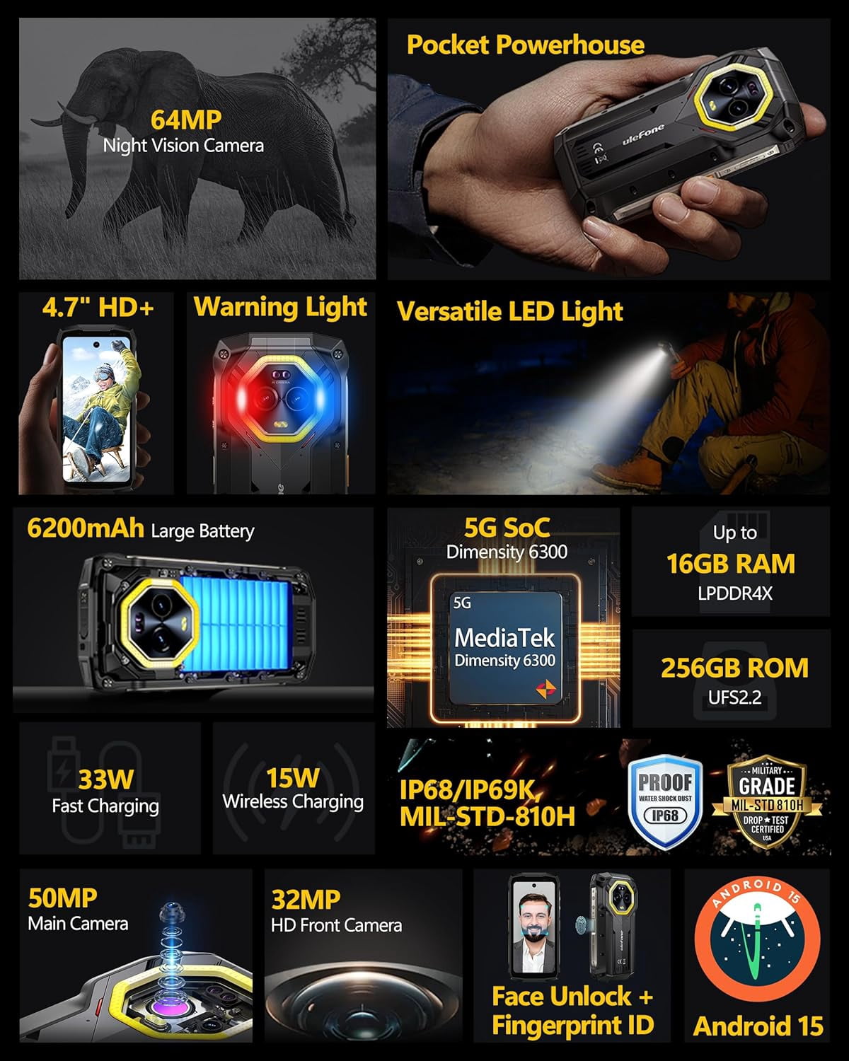 Ulefone Armor Mini 20 Pro 5G Rugged Phone, 16GB 256GB MTK Dimensity 6300, 6200mAh(33W)