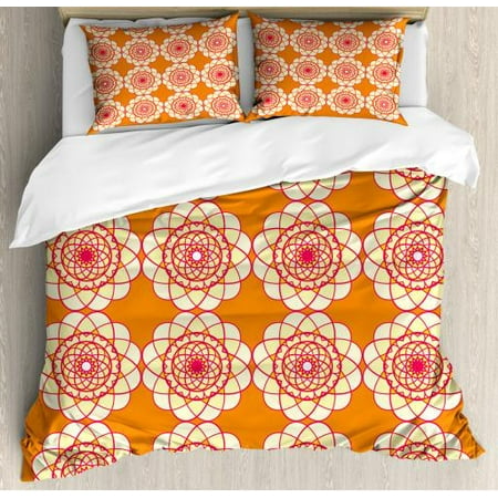 Orange And Pink King Size Duvet Cover Set Spirographic Floral
