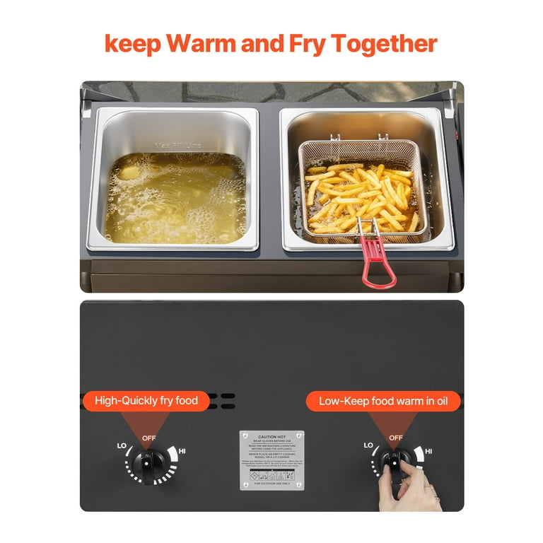 KFFKFF Outdoor Propane Deep Fryer, Dual-Tank 8QT x 2 Commercial Fryer, Stainless Steel Cooker with Foldable Platform, Dual Basket, and Adjustable Heat, Floor Standing Fryers for Restaurant