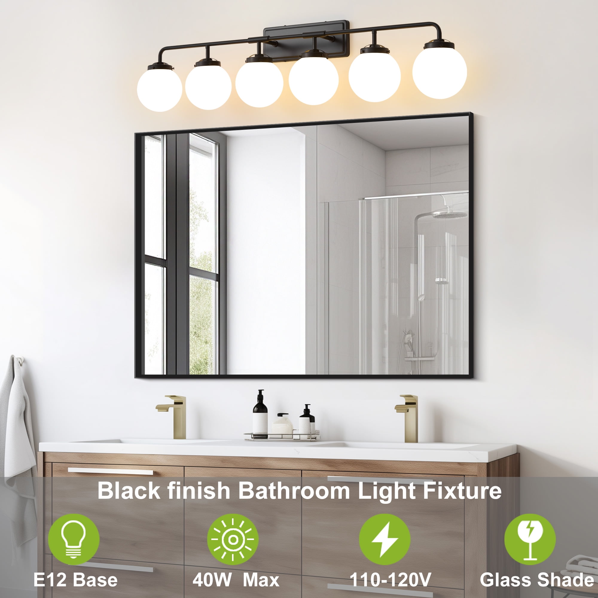 Deyidn 6-Light Modern Vanity Light, Black Bathroom Light Fixture with Milk White Glass Globes, 45 Inch Bathroom Wall Sconce for Mirror