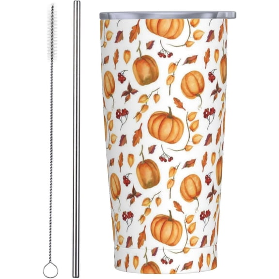 Fall Pumpkins Tumbler with Lid and Straw Autumn 20oz Insulated Stainless Steel Cup Leaves Travel Coffee Mug Water Bottle for Women Gift for Birthday Thanksgiving