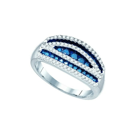 Diamond Ladies Cocktail Ring - 10k White Gold Womens Blue Color Enhanced Round Diamond Striped Cocktail Band Ring 3/4 Cttw