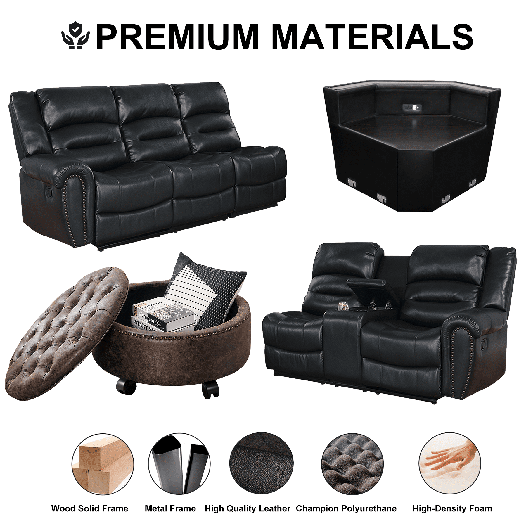 Nathaniel Home 2 Piece Modern Upholstered Leather Multifunctional Sectional Living Room Sofa Set Black and Brown