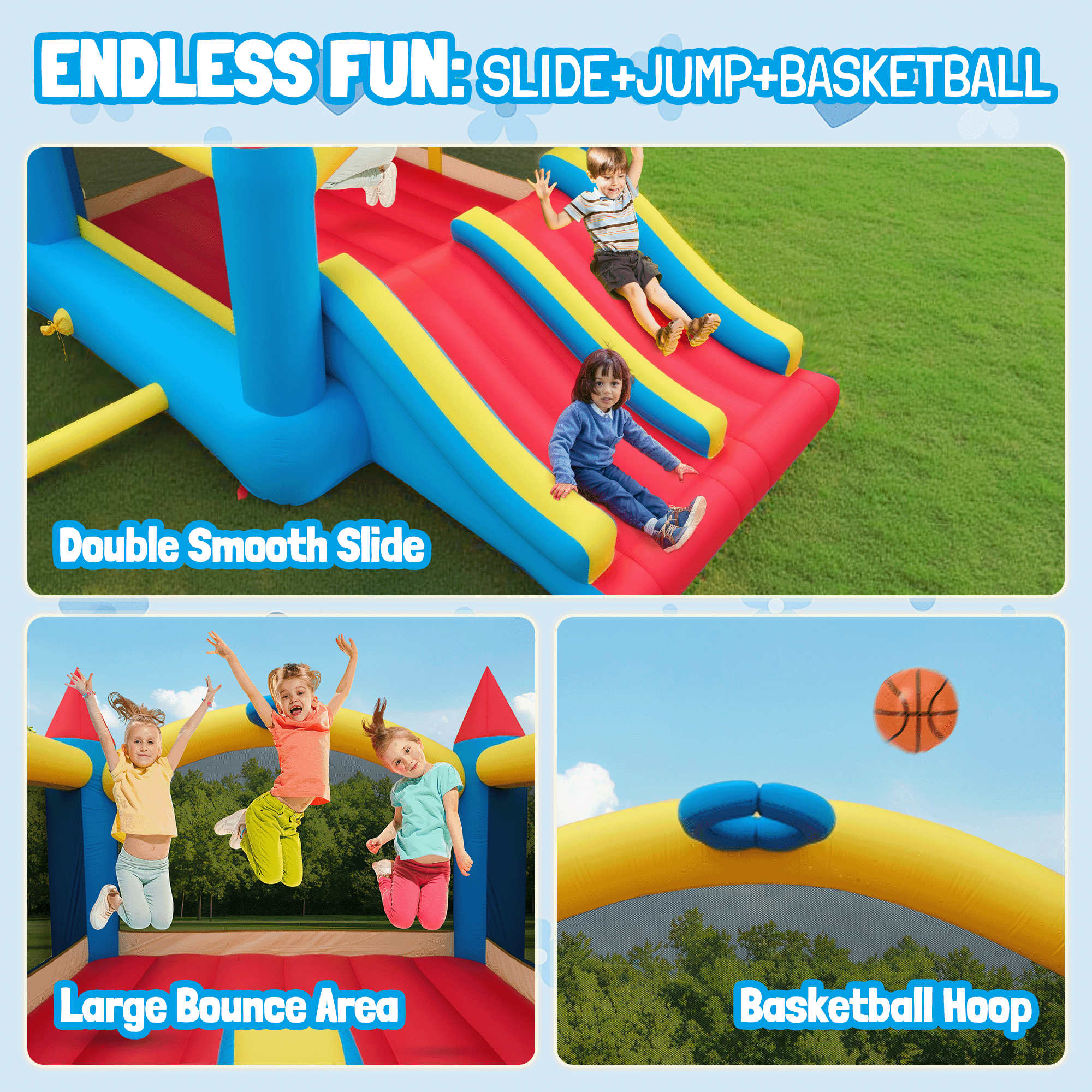 Entil Inflatable Bounce House with Dual Slides & Blower, 13.4x9x6FT, Outdoor/Indoor for Kids Gift, FCC & CPC Certified, Blue & Red