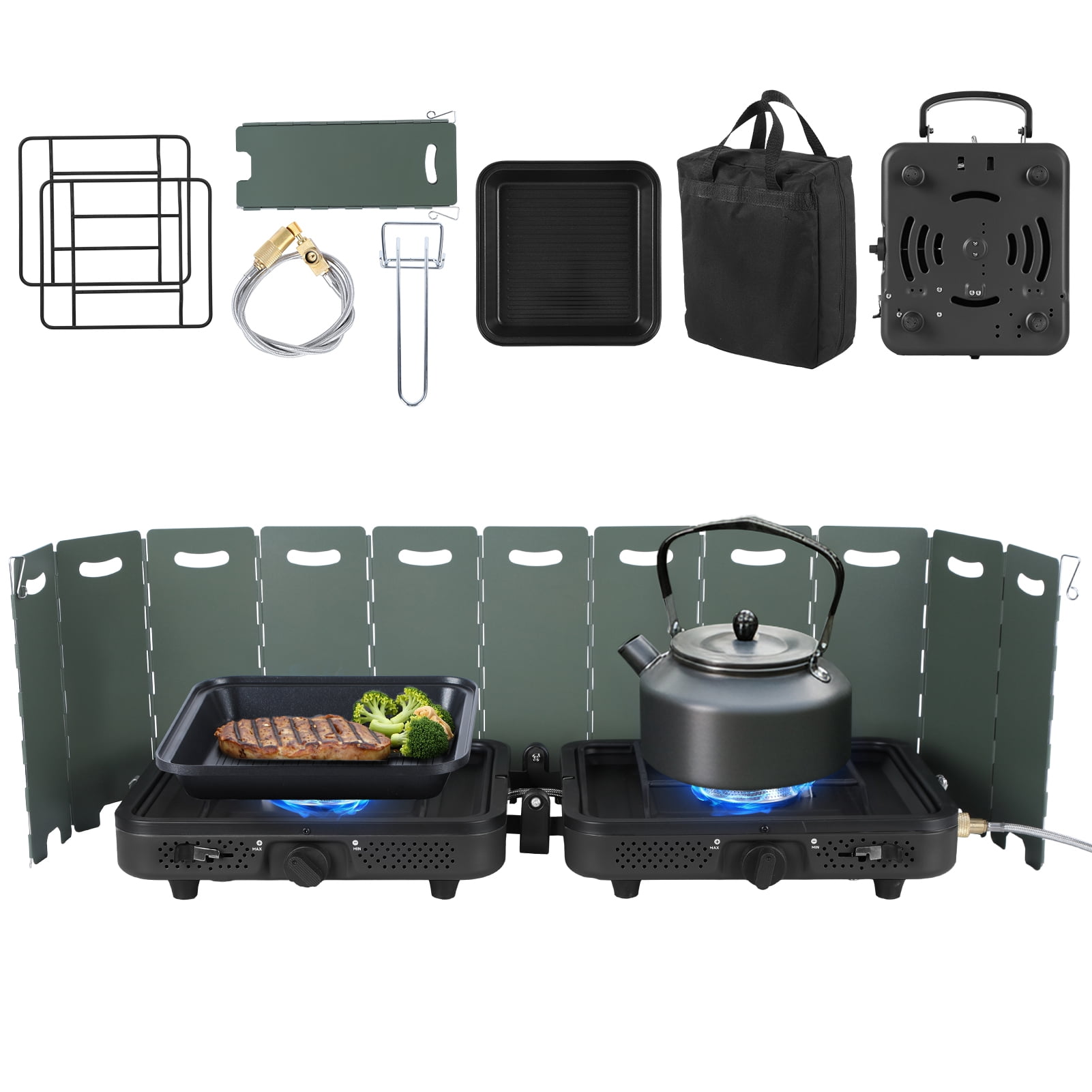 Wliqien 2 Burner Camping Stove with Windshield, 20000 BTU Propane Stove, Portable Folding Gas Stove with Frying Pan, Carrying Bag for Camping, Backyard BBQ,Tailgating