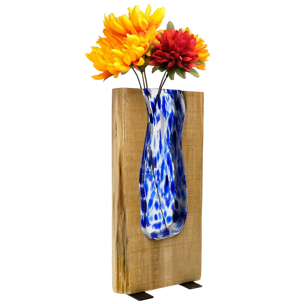 Blue Stained Glass and Wood Vase Rustic Flower Vase (Tall 13.75" x 6.75") EGPHD0216