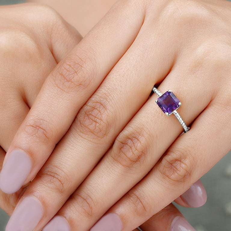Asscher Cut Amethyst Solitaire Ring for Women 8 mm February