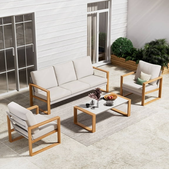 GRANDPATIO 4-Piece Outdoor Conversation Set, Modern Aluminum Patio Furniture Set 5-Person Conversation Set with Coffee Table, Beige & Natural