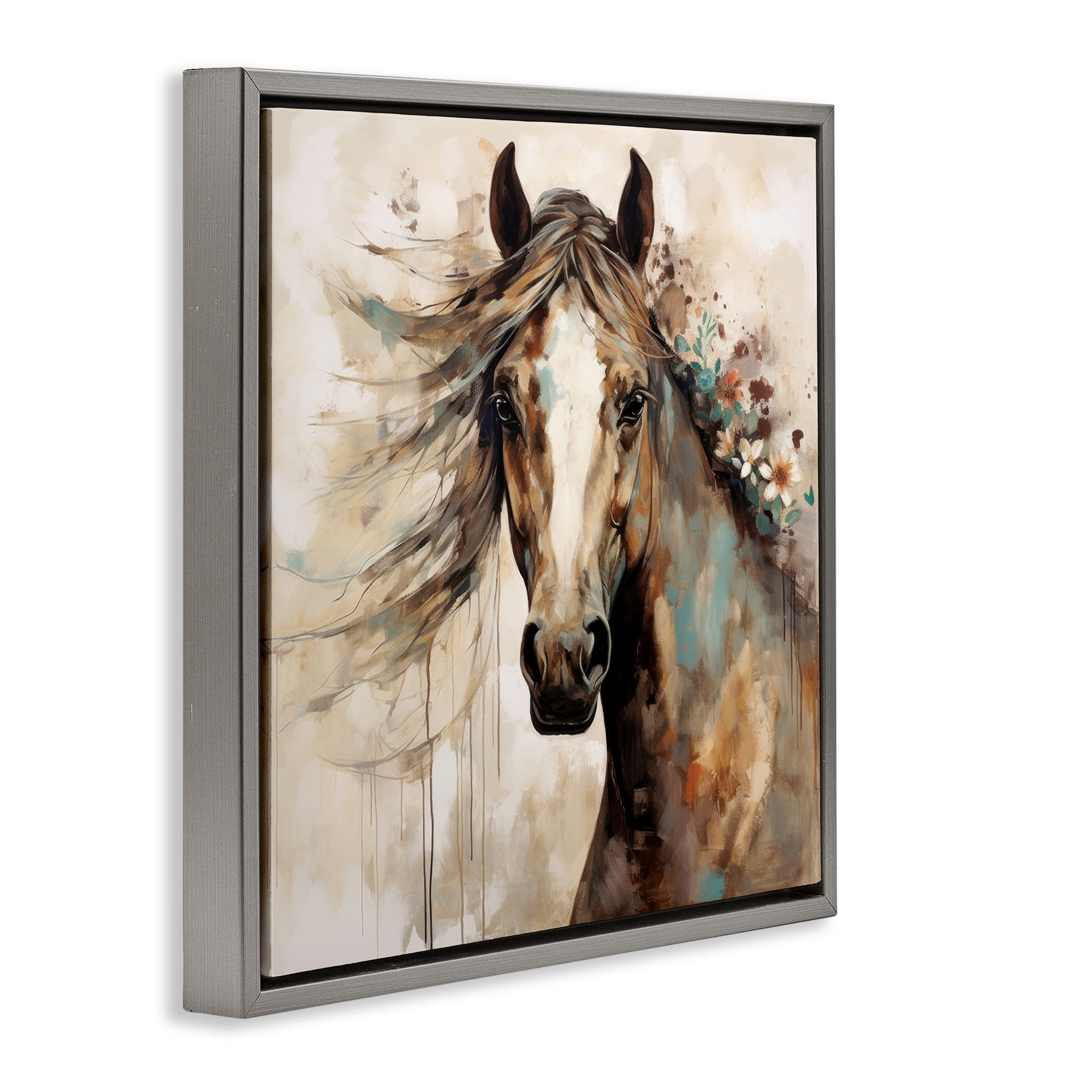 Stupell Industries Brown Horse with Florals Animals & Insects Painting Gray Floater Framed Canvas Art Print Wall Art, 25 x 25
