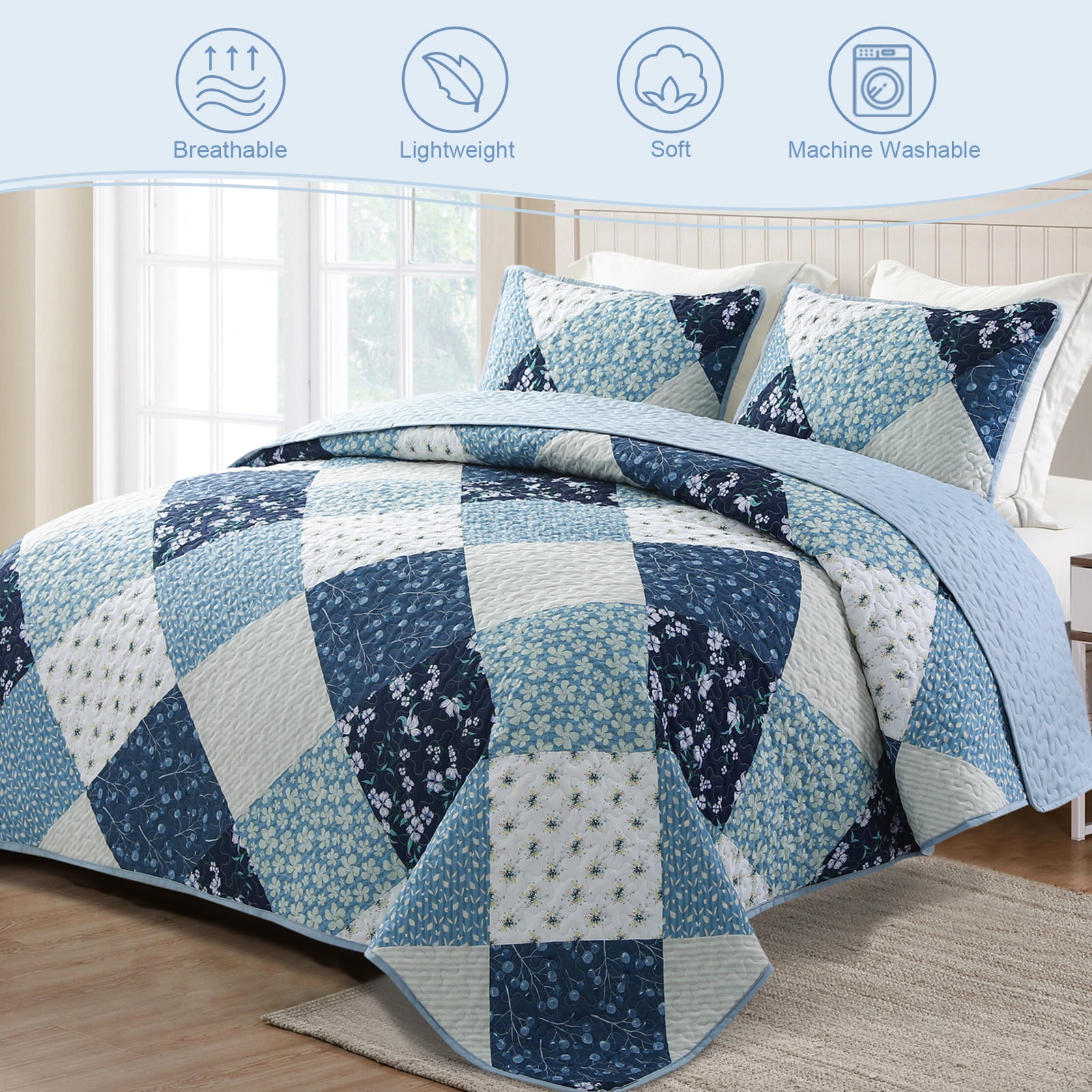 Exclusivo Mezcla Reversible Boho Quilt Set Twin Size, 2 Pieces Patchwork Blue All Season Bedspreads, Ultra Soft Floral Coverlet Bedding Set with Printed Pattern (1 Quilt, 1 Pillow Sham)