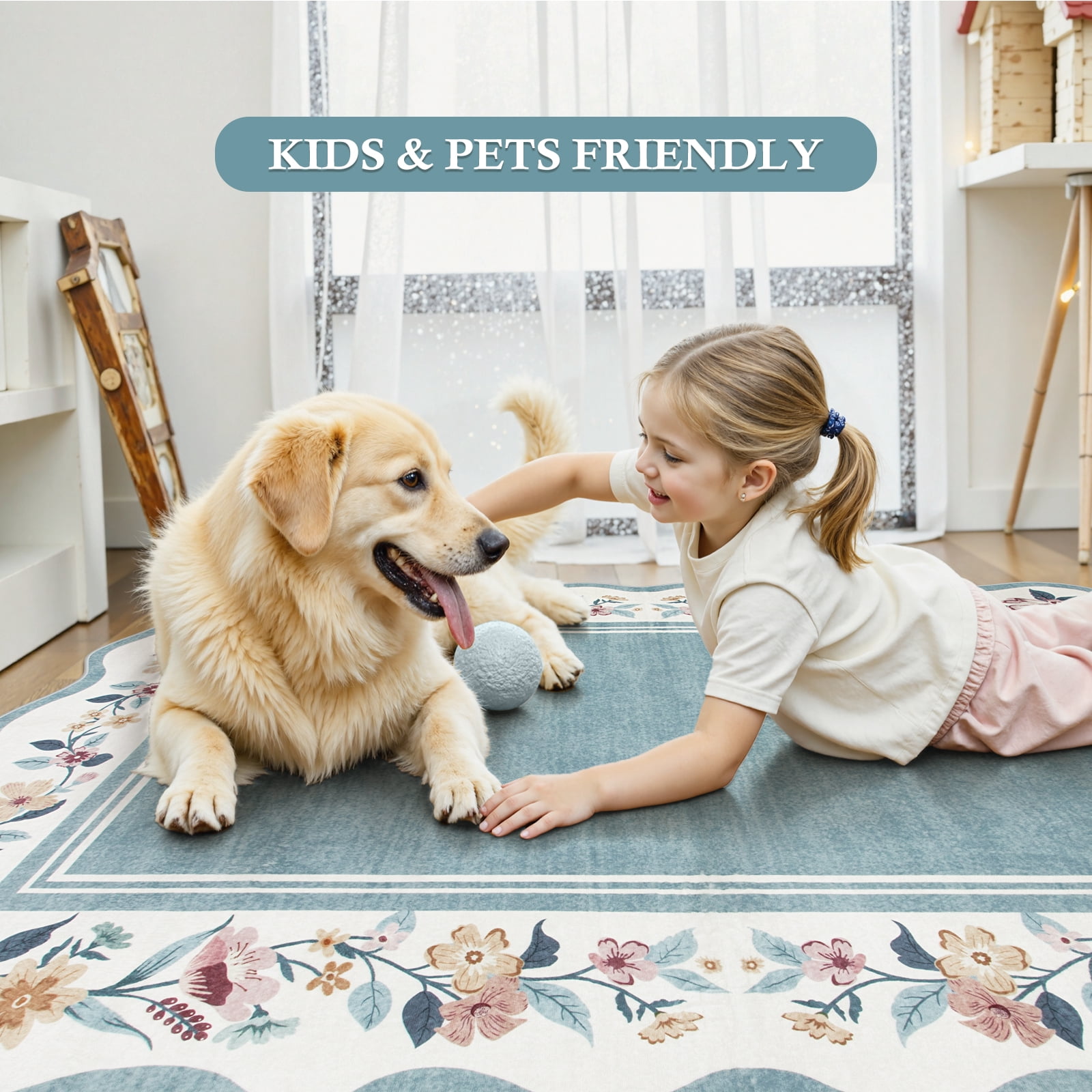 Lahome 2'x3' Boho Floral Washable Small Rug,Ultra-Thin Scalloped Rug, Non-Slip & Stain Resistant,Soft Low-Pile Mat for Kitchen, Bathroom, Bedroom Front Door Indoor Entrance (2x3ft,Blue)