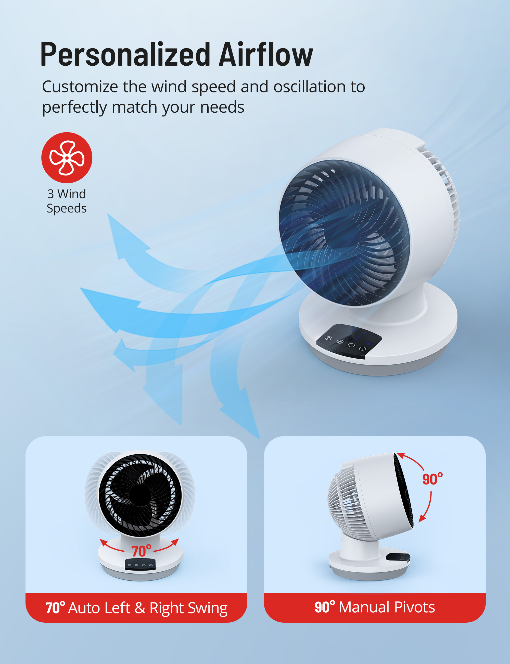 Taotronics Desk Fans for Home, Quiet Air Circulator Fans, 90°+70° Oscillating Fan with Remote, Fan for Home, Dorm