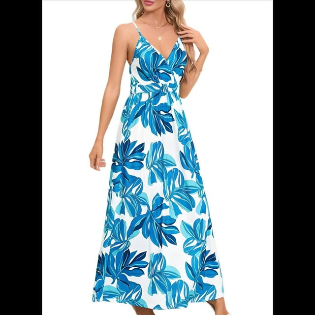 Vestido de Verano 2025 para Mujer, con Estampado Floral, Lazo Frontal, Tirantes Finos, Informal, Bohemio, , Fluido, Azul , L