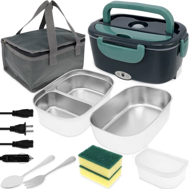 HLONK Electric Heated Food Box 100 W US Portable Electric Food Warmer Box with 2Pcs 1.5 L Stainless Steel Container Quick Heating Car Electric Food Warmer for Car Office Work