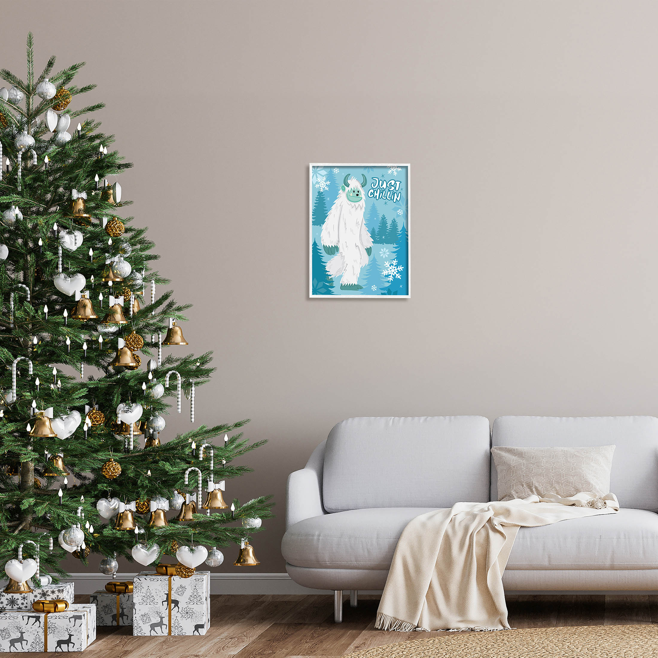 Just Chillin Funny Winter Yeti Holiday Graphic Art White Framed Art Print Wall Art