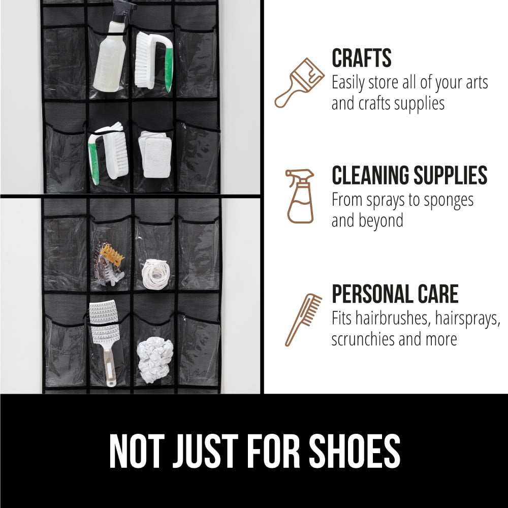 GORILLA GRIP 24 Pocket Over the Door Shoe Organizer, Clear PVC Pockets, Up to 40 Pounds, Hang on Doors, 1 Pack, Black