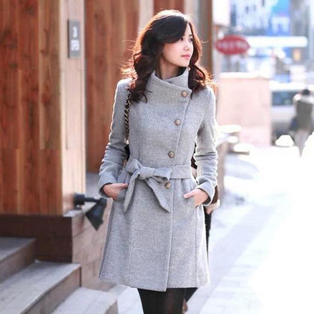 Winter Pea Coat Felt Long Jacket for Women Single Breasted Stand Collar S-L with Pockets Tie Waist Long Sleeve Long Overcoats Solid Color  S Gray - image 2 of 6
